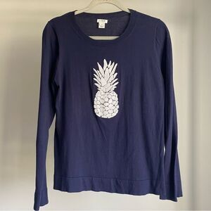 J. Crew Navy Blue and White Lightweight Crew Neck Sweater - Medium